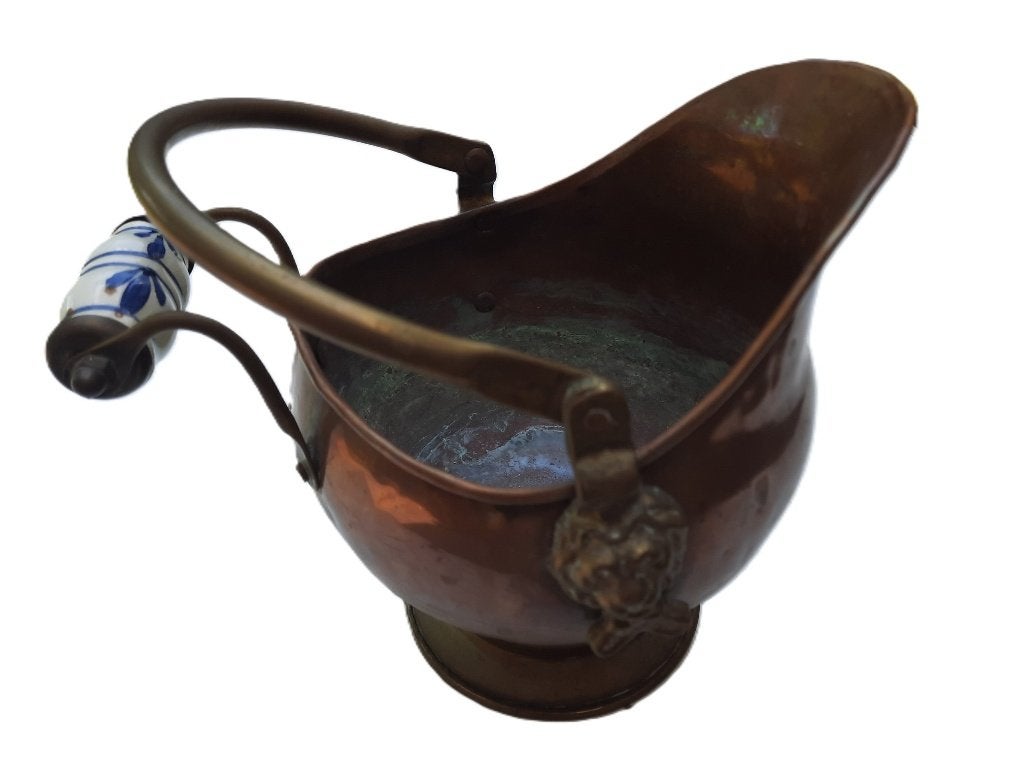 Antieke koperen kolenkit met Delfts blauw handvat, Antiek en Kunst, Antiek | Koper en Brons, Koper, Ophalen of Verzenden