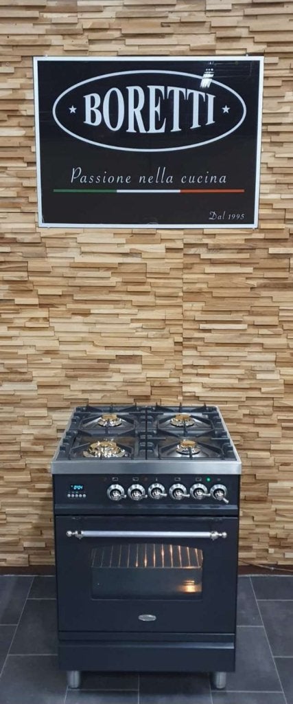 Luxe Boretti Fornuis 60cm antraciet + rvs 1 oven 4 pits, Niet ingevuld, Niet ingevuld, Zo goed als nieuw, Energieklasse A of zuiniger