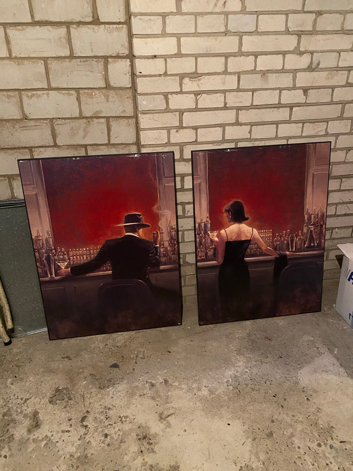 Set van 2 schilderijen: Man en Vrouw aan de Bar, Huis en Inrichting, Ophalen, Gebruikt, Schilderij, 75 – 100