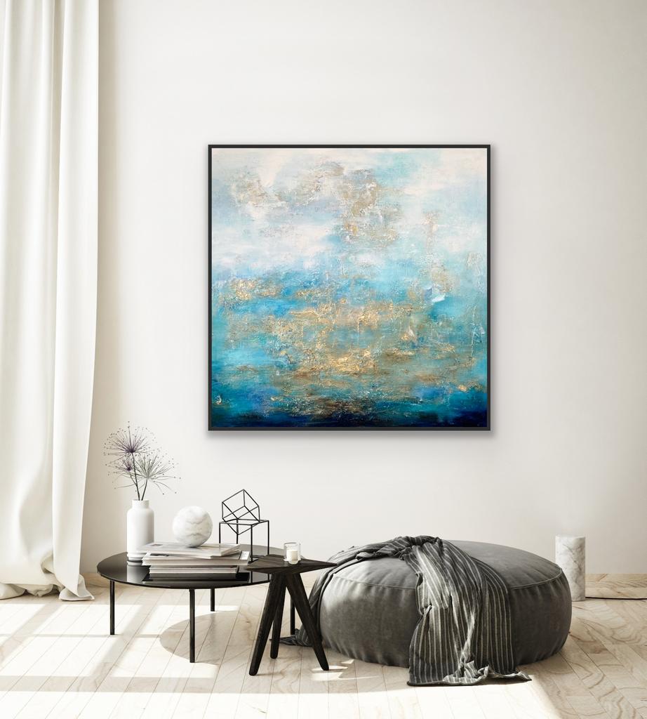 Origineel abstract acrylschilderij met blauw/goud 80x80 cm, Ophalen of Verzenden