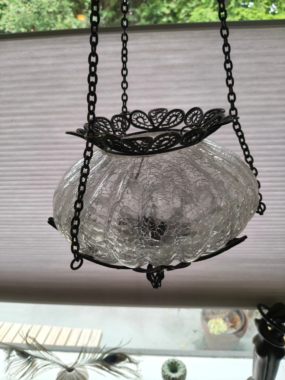 Vintage hanglamp met craquelé glas en metalen frame, Antiek en Kunst, Ophalen