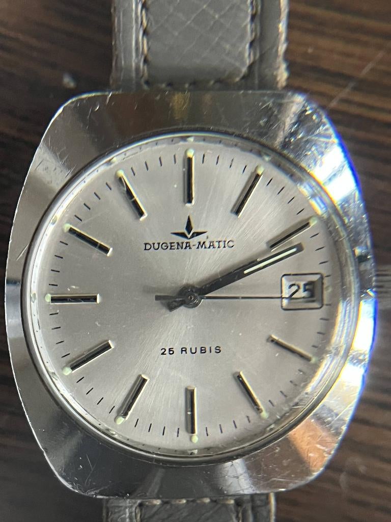 Vintage Dugena-Matic automatische herenhorloge - 35mm -, Overige merken, Polshorloge, Ophalen of Verzenden, Leer