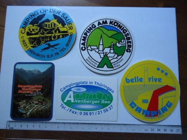 sticker oud Camping camper caravan Oostenrijk Frankrijk 5x, Verzenden, Zo goed als nieuw, Bedrijf of Vereniging