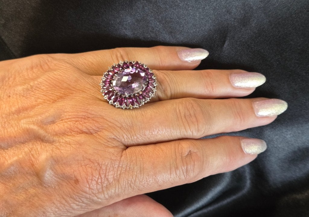 Vintage ring amethist, toermalijn en witte topaas. 2026/418, 18 tot 19, ., Paars, Ophalen of Verzenden