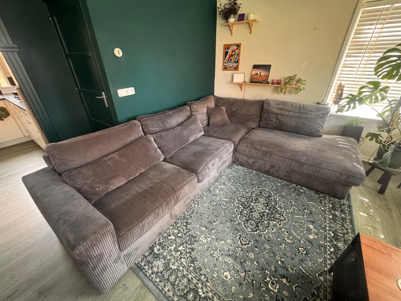 Prachtige hoekbank grijs ribstof 310x250, Ophalen, Zo goed als nieuw, Stof