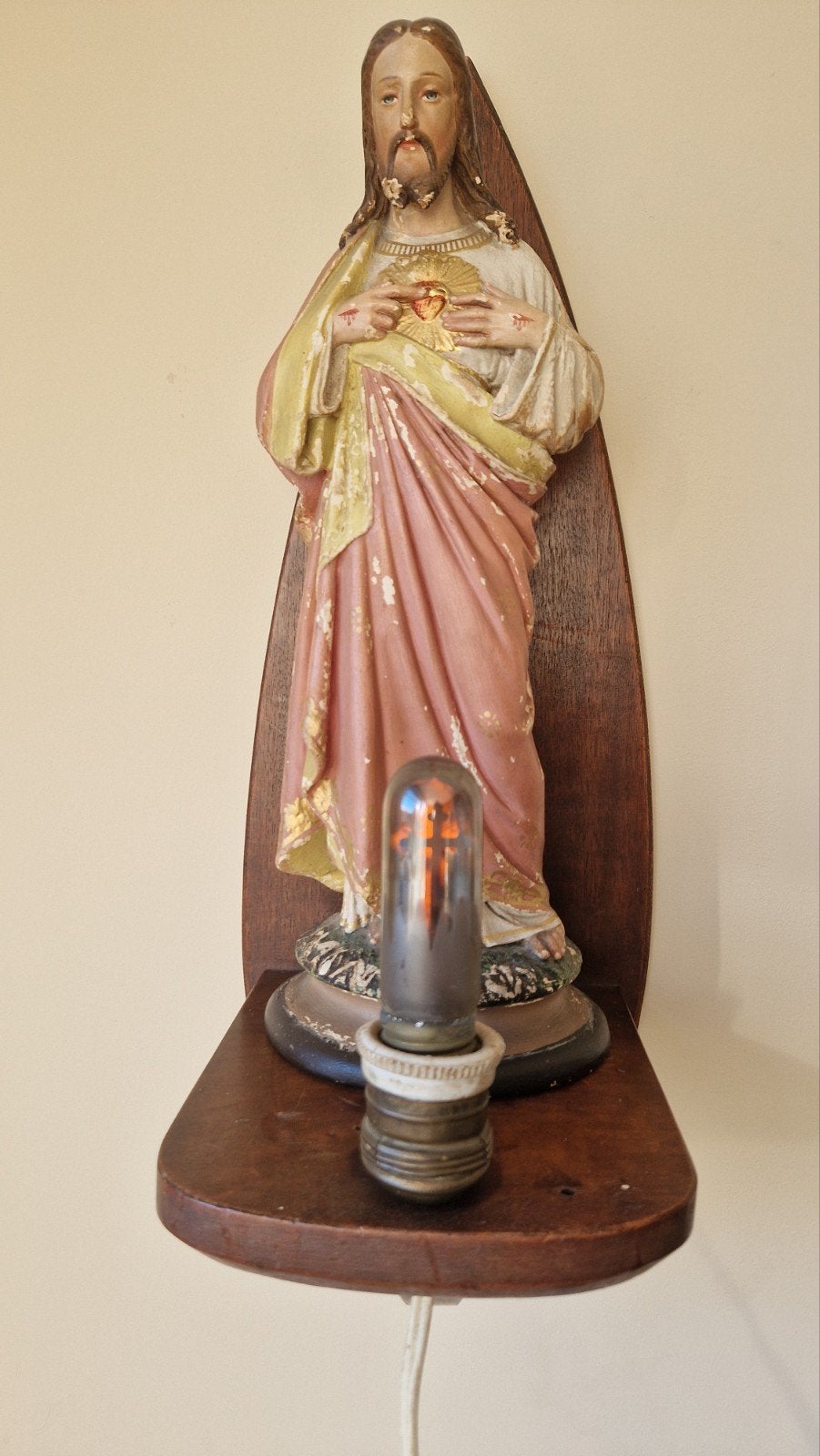 Oud Heilig Hart Beeld met Verlichting - Vintage Devotie, Ophalen of Verzenden