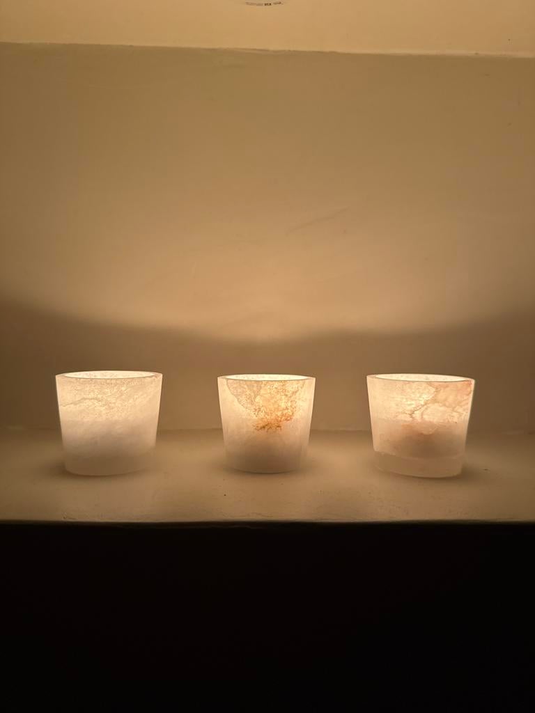 3 Alabasten Waxinelichthouders met Deksel Potjes albast, Overige materialen, Gebruikt, Wit, Ophalen of Verzenden