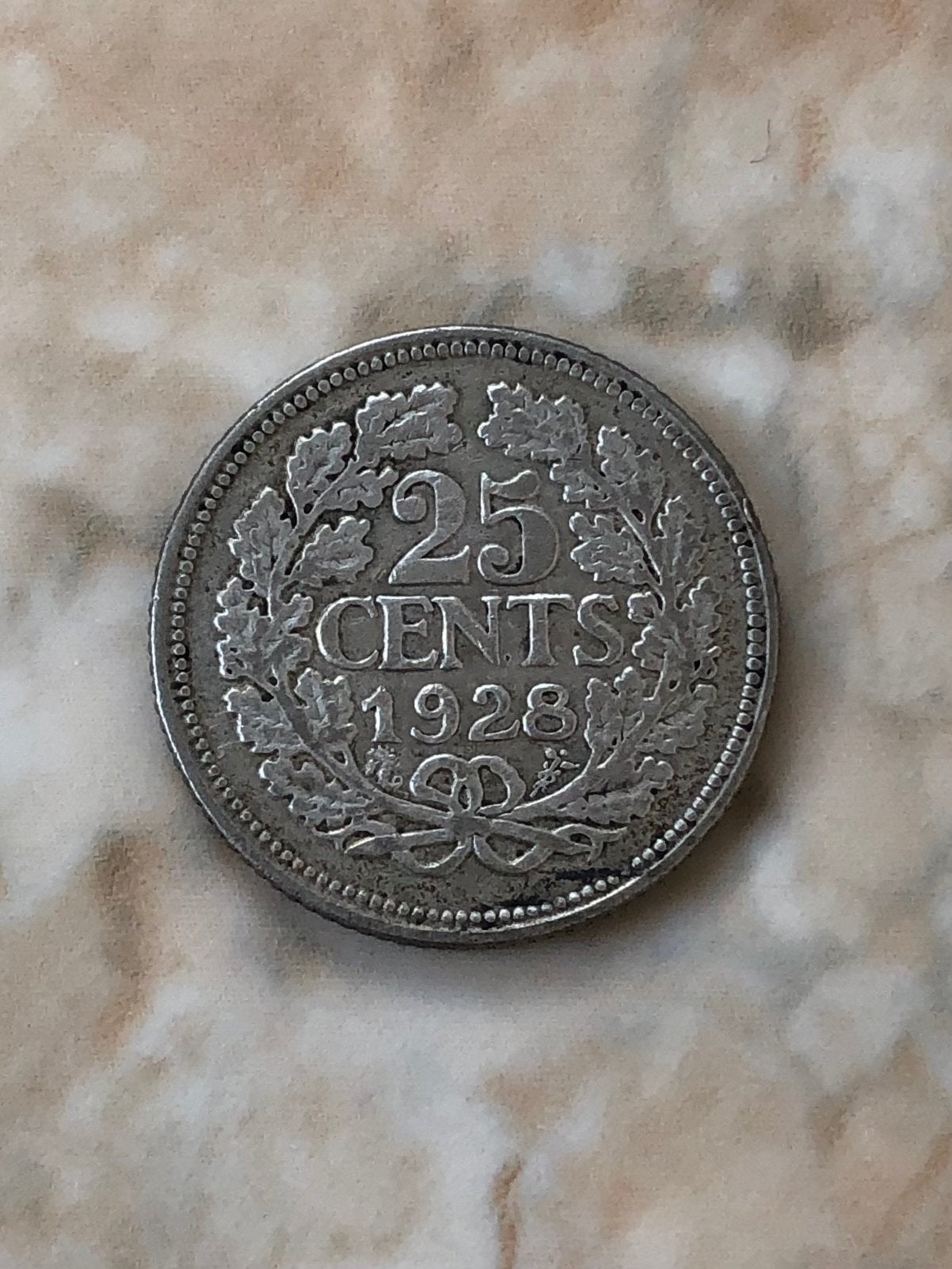 25 cent 1928, zilver, Wilhelmina., Verzenden, Zilver, 25 cent, Koningin Wilhelmina