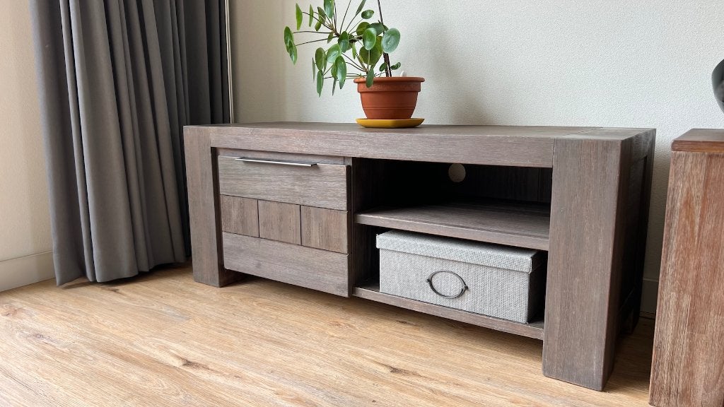 Audio-dressoir TV Meubel Talcy Acacia Ruw Smoked Grey, Ophalen, Gebruikt, 100 tot 150 cm, Minder dan 100 cm