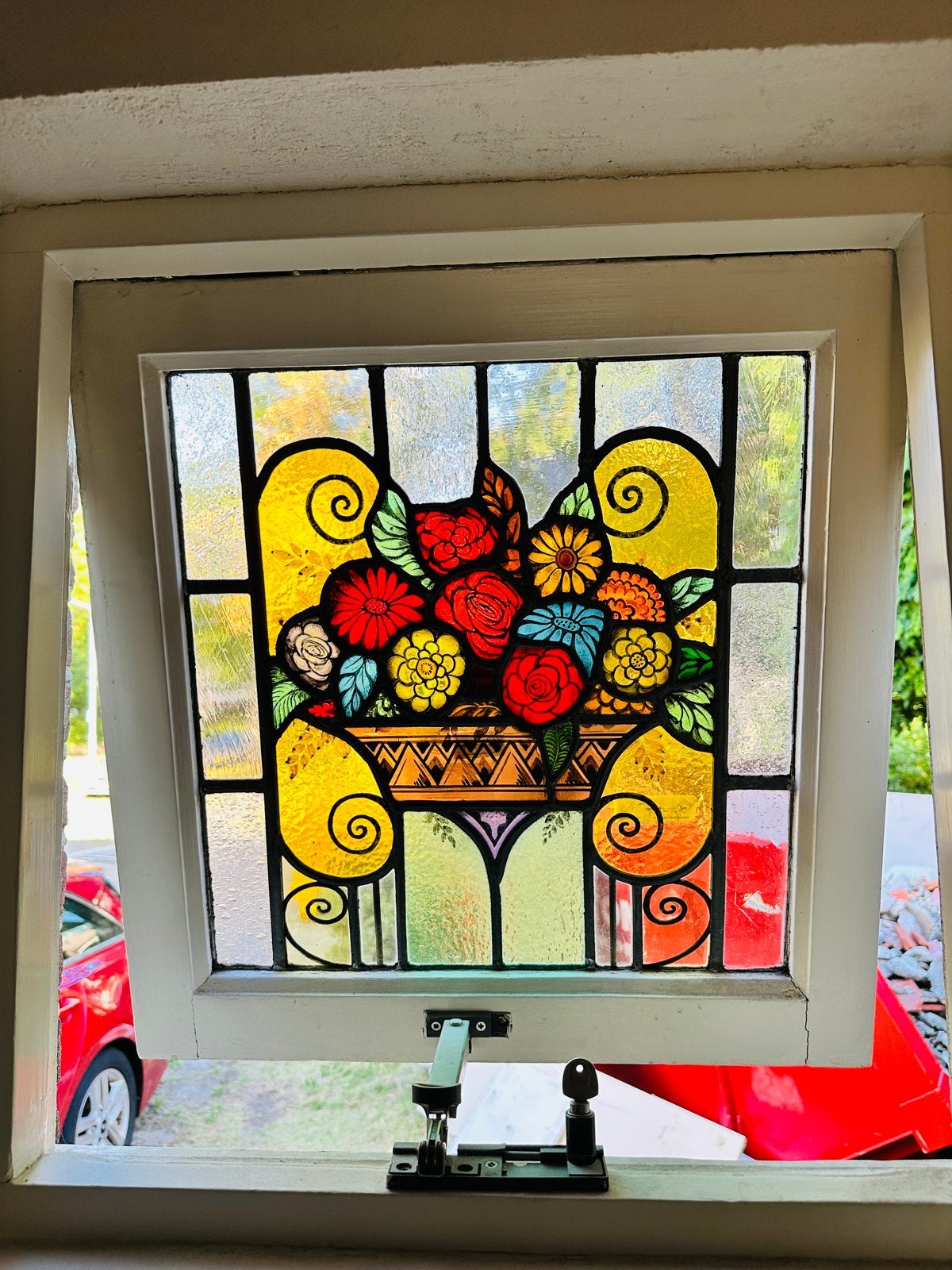 Prachtig Glas in Lood Raam met Bloemenmotief, Ophalen, Gevelraam of Ruit, Gebruikt, Minder dan 80 cm