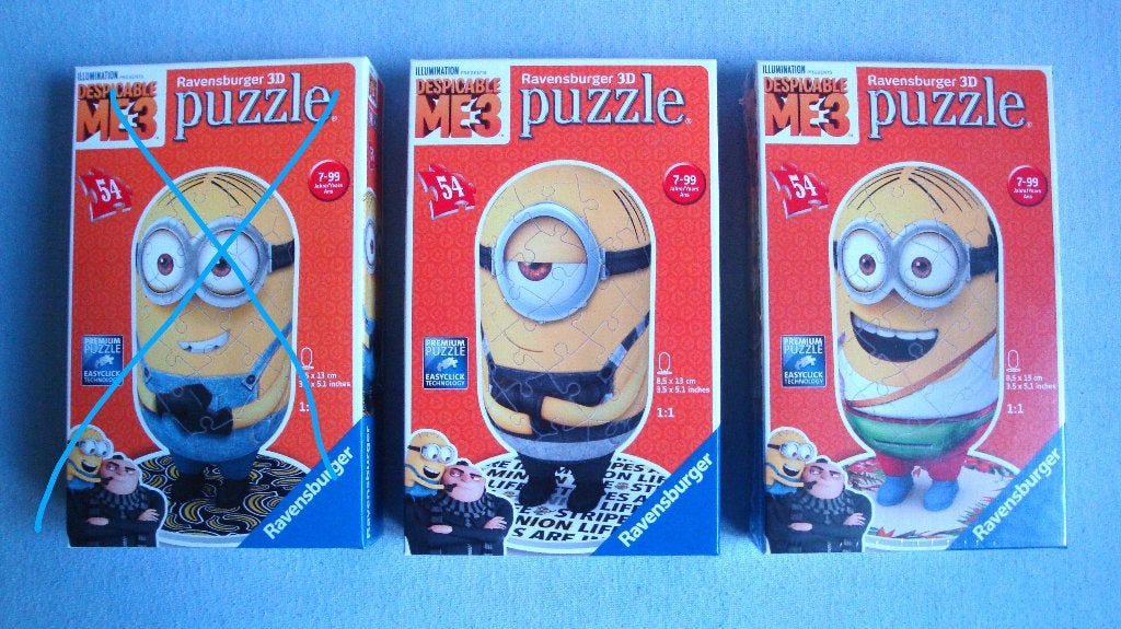 Set drie Ravensburger Minion 3-D Puzzeltjes, Kinderen en Baby's, Ophalen of Verzenden, Meer dan 50 stukjes, Zo goed als nieuw