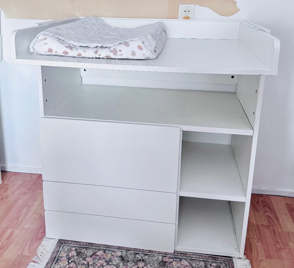 Witte babycommode / verschoontafel met lades en open vakken, Ophalen, Gebruikt, 105 cm of meer, 100 cm of meer