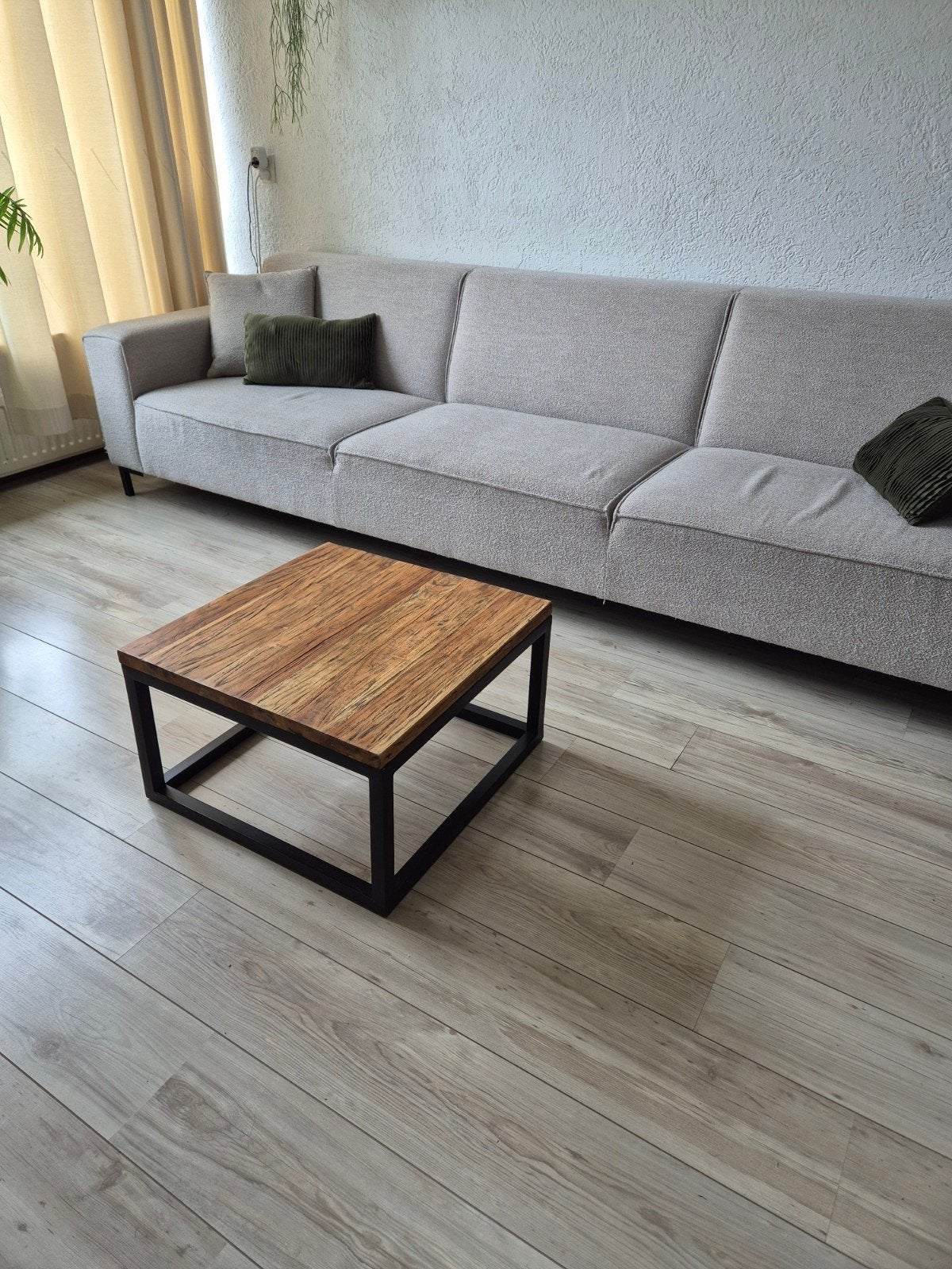 Hout & staal salontafel bijzettafel, Ophalen, 50 tot 100 cm, 50 tot 100 cm, Zo goed als nieuw