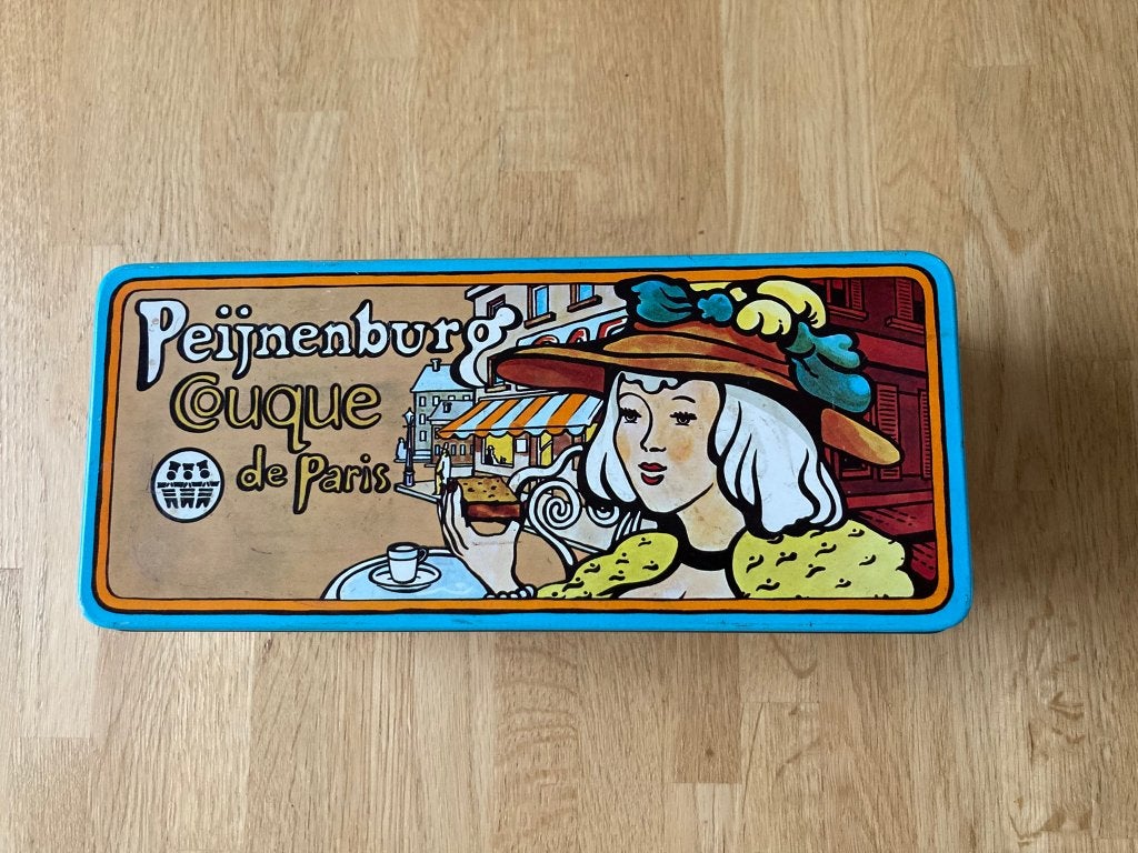 Vintage Peijnenburg Couque de Paris ontbijtkoekblik 1976, Verzamelen, Ophalen of Verzenden, Gebruikt, Koek(jes), Overige merken