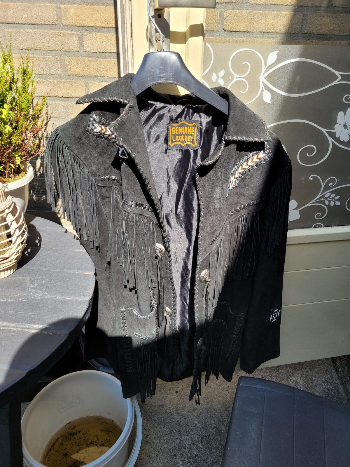 Zwart suède franjejas met borduursels, Zwart, Genuine Leather, Gedragen, Ophalen