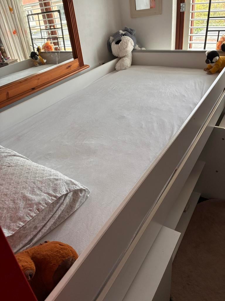 Witte hoogslaper 200x90 met bureau en trapje, Ophalen of Verzenden, Gebruikt, Hoogslaper