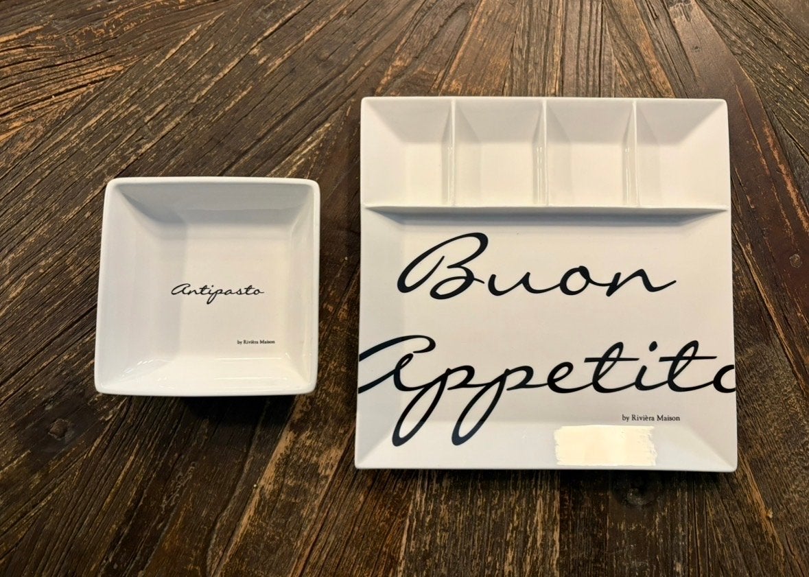 Rivièra Maison Serveerset: Buon Appetito & Antipasto, Overige merken, Keramiek, Landelijk/Boerenbont, Ophalen of Verzenden