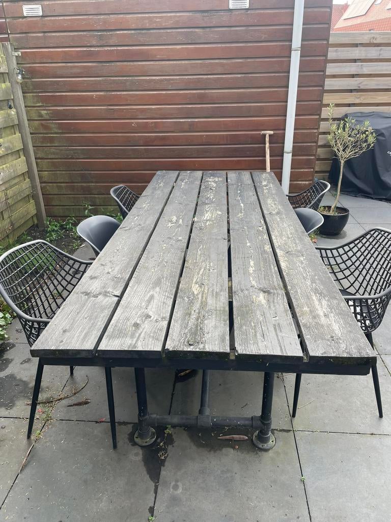 GRATIS Tuintafel steigerhout en buizen, Tuin en Terras, Tuintafels, Ophalen, Gebruikt, Rechthoekig, Hout