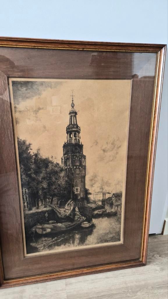 Antieke ets van de Montelbaanstoren in Amsterdam, Antiek en Kunst, Kunst | Etsen en Gravures, Ophalen, Ets, Stadsgezicht, Ingelijst