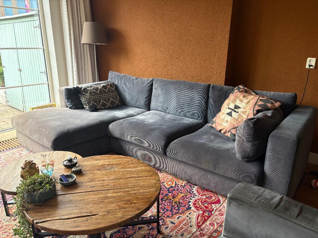 T.e.a.b. Mooie grote Chaise longue bank ribstof blauw, Ophalen, 250 tot 300 cm, Gebruikt, Lounge