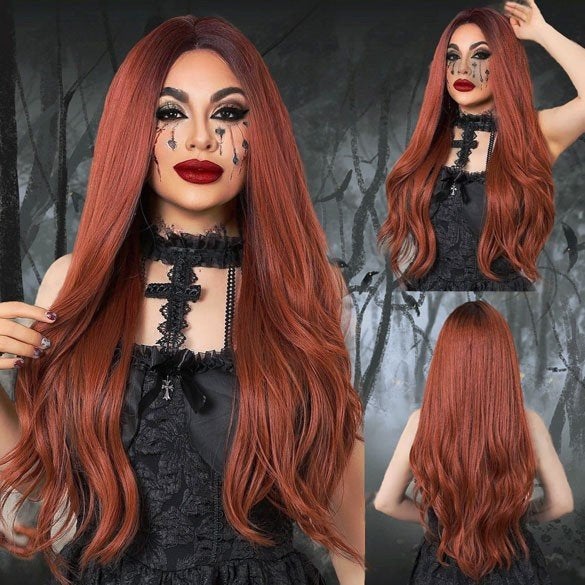 Gothic pruik lang haar koperrood zonder pony model Elvira, Ophalen of Verzenden, Nieuw, Pruik of Haarverlenging