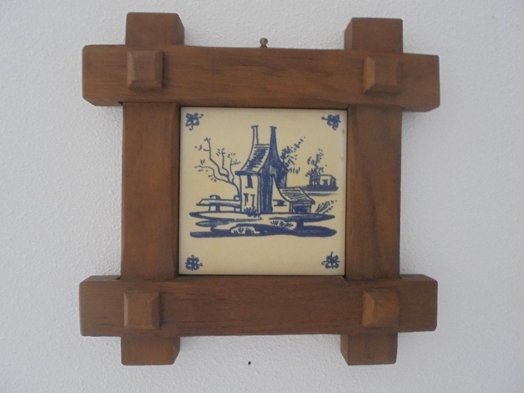 Delfs blauwe tegel in lijst, Ophalen, Zo goed als nieuw, Minder dan 50 cm, Schilderij