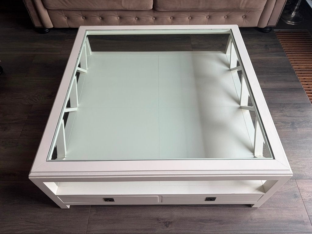 Vierkante houten salontafel met geslepen glasplaat, Ophalen, Gebruikt, 50 tot 100 cm, Vierkant