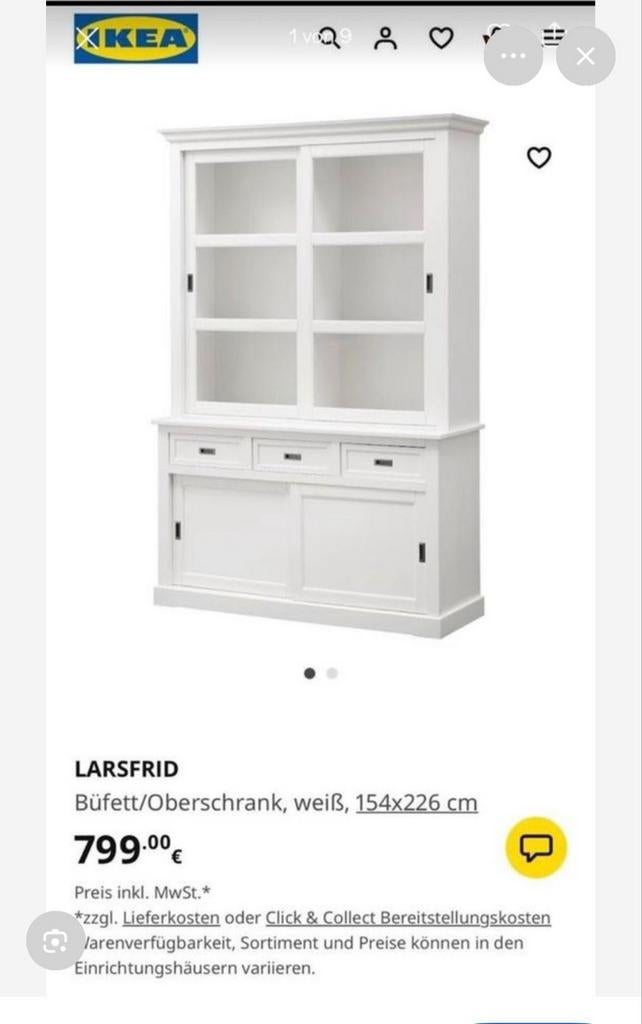 IKEA LARSFRID Dressoir/Buffetkast, wit, 154x226 cm, Huis en Inrichting, Kasten | Dressoirs, Ophalen, Gebruikt, Met deur(en), Glas