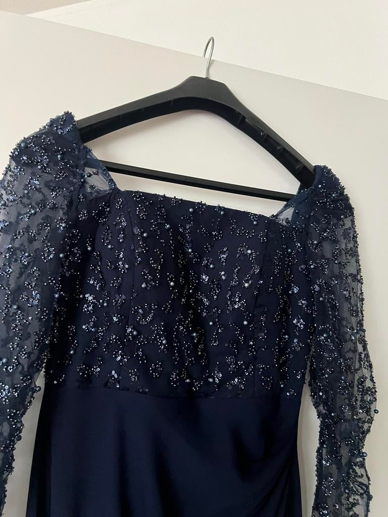 Elegante Donkerblauwe Galajurk met Pailletten, Maat 38/40 (M), Galajurk, Blauw, Ophalen of Verzenden