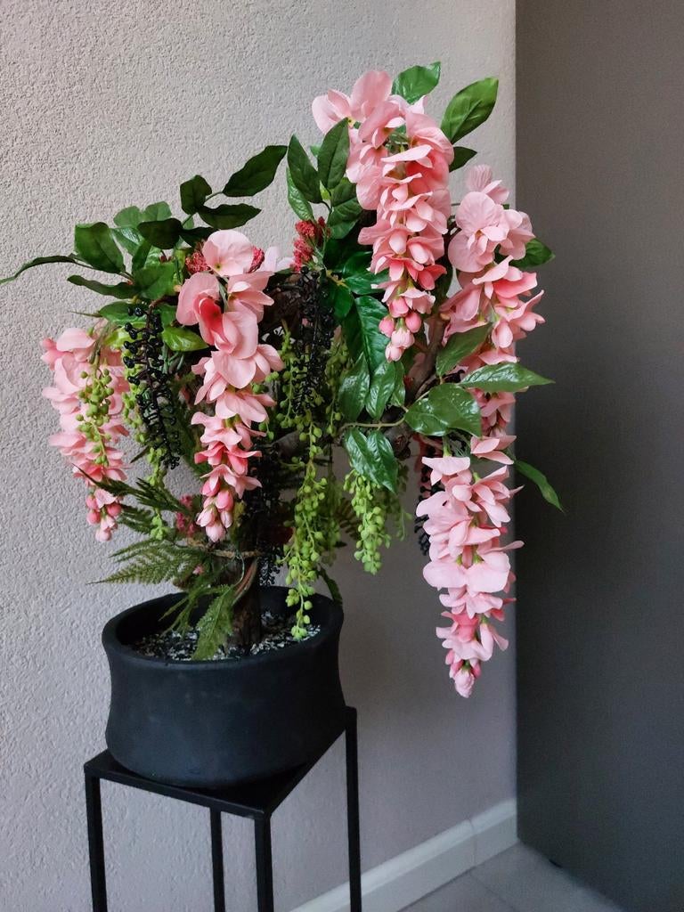 Prachtig kunstbloemstuk in stenen bloempot, Ophalen of Verzenden, Nieuw, Binnen