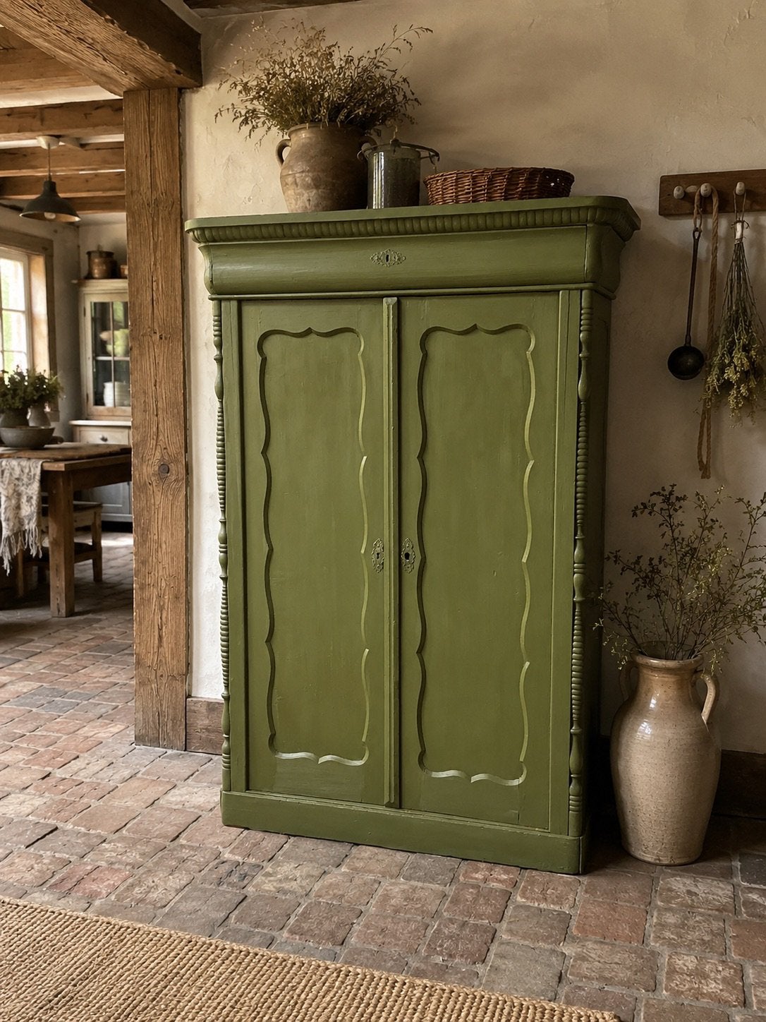 Groene biedermeier meidenkast met legplanken, Ophalen, 100 tot 150 cm, 1 of 2 laden, Zo goed als nieuw