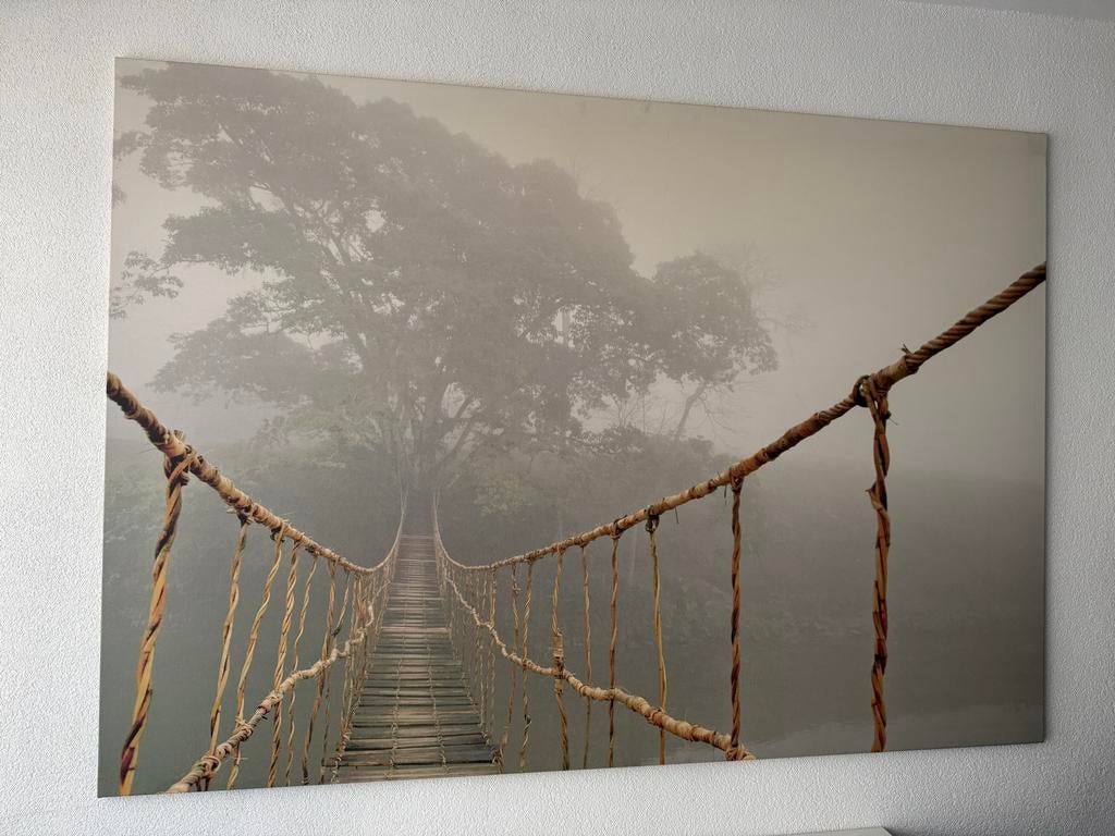 Canvas Schilderij Touwbrug in Mistig Bos, Huis en Inrichting, Ophalen, Gebruikt, 125 cm of meer, Schilderij