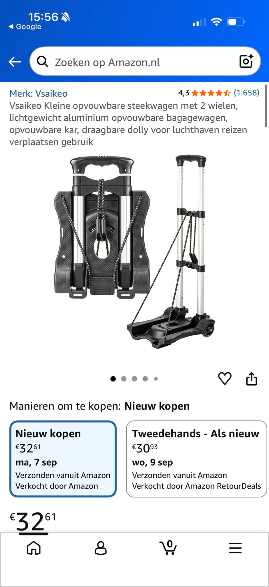 Vsaikeo opvouwbare steekwagen met 2 wielen, Ophalen of Verzenden, Zo goed als nieuw, Steekwagen