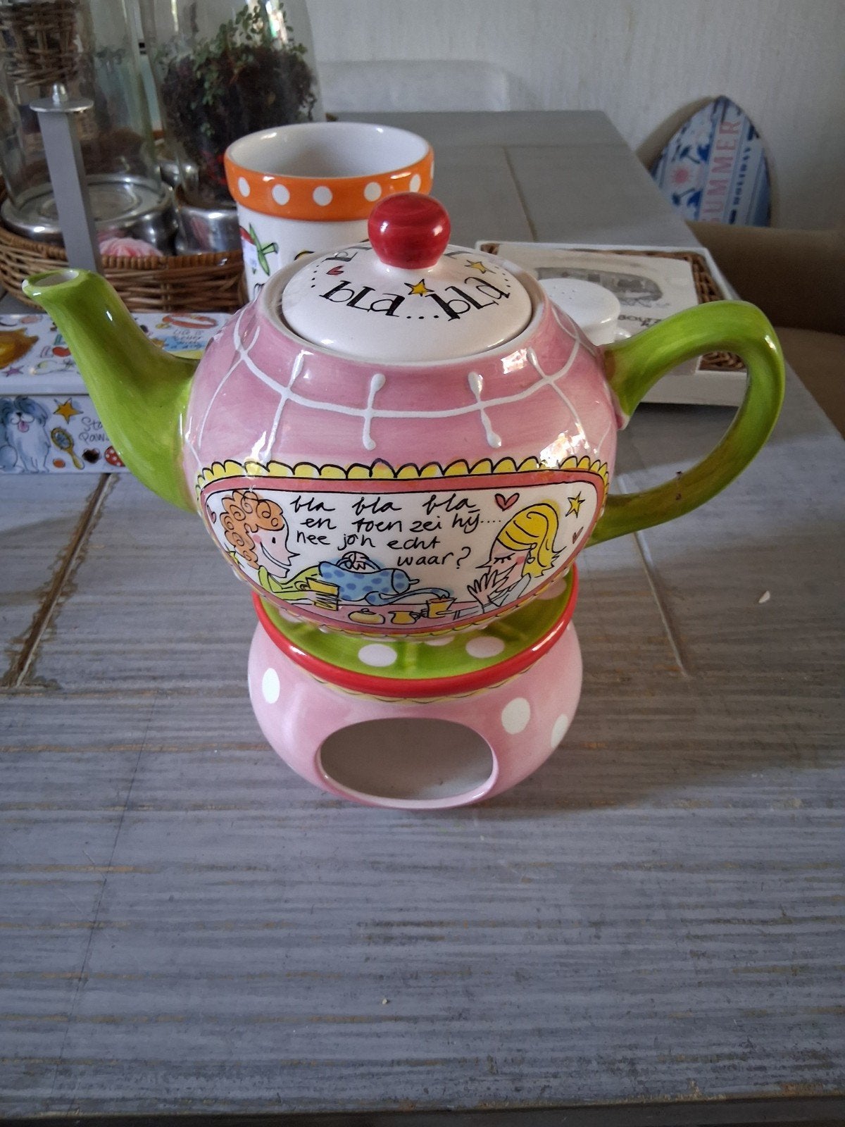 Leuke theepot met theelichtje - "Bla bla bla", Gebruikt, Steen/keramiek, Meerkleurig, Overige merken