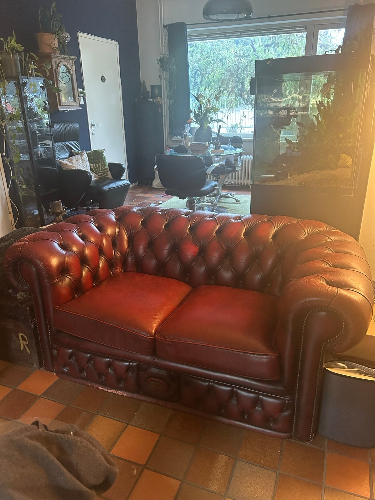 Originele rode Chesterfield tweezits bank - opknapmodel, Huis en Inrichting, Banken | Bankstellen, Ophalen, Gebruikt, 150 tot 200 cm