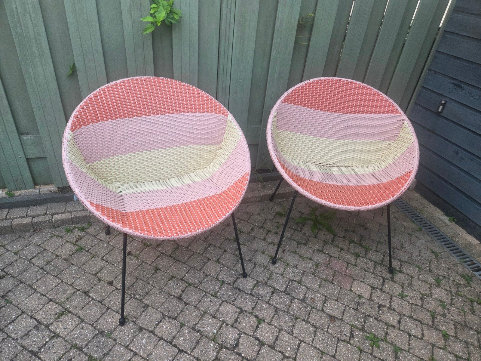 Set van 2 Wicker Jolien Tuinstoelen - Roze/Geel gestreept, Ophalen, Gebruikt, Wicker