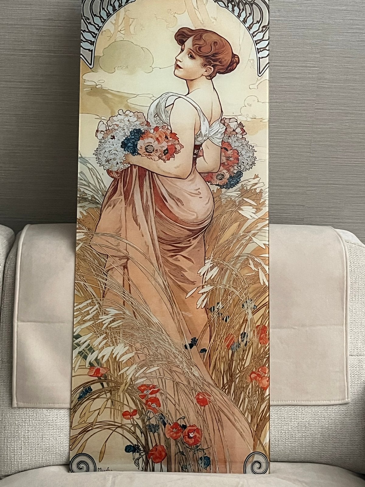 Glazen schilderij Alphonse Mucha stijl 100x40 cm, Portret of Personen, Overige ondergronden, Klassiek, Print