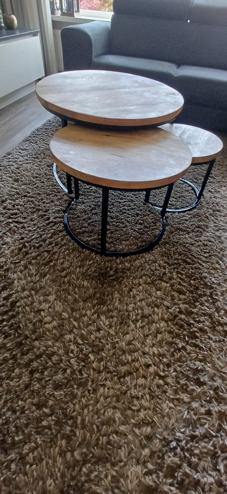 Set van 3 salontafeltjes, mangohout, Ophalen of Verzenden, Rond, 50 tot 100 cm, Minder dan 50 cm