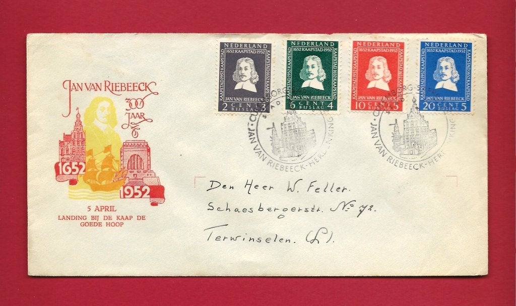1952 van Riebeeck FDC E7 met gesloten klep rood logo, Verzenden, Beschreven, Nederland