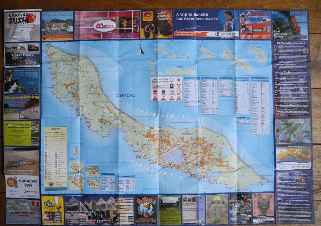 Plattegrond Curacao en Willemstad 2004 Drive & Dive Roadmap, Overige typen, Ophalen of Verzenden, Zo goed als nieuw, 1800 tot 2000