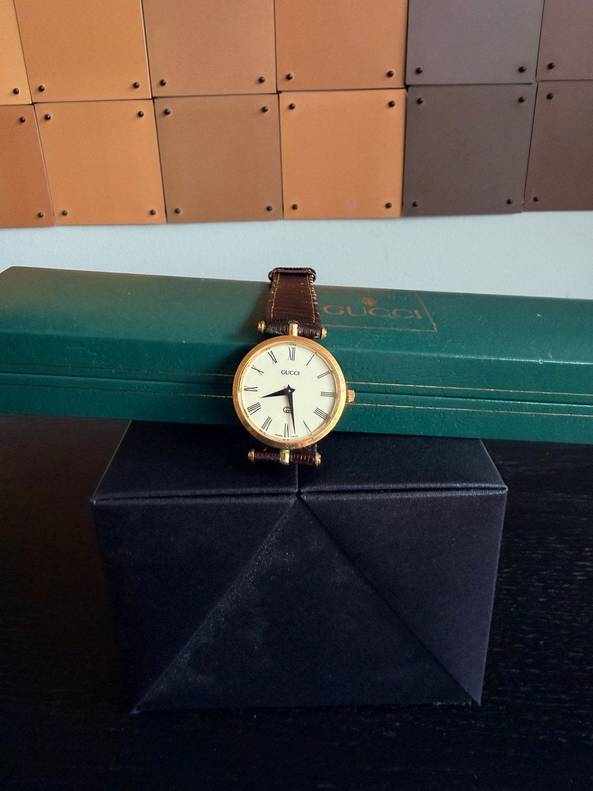 Vintage Gucci Polshorloge - Verguld met Bruin Lederen Band, Overige merken, Overige materialen, Met bandje, Polshorloge