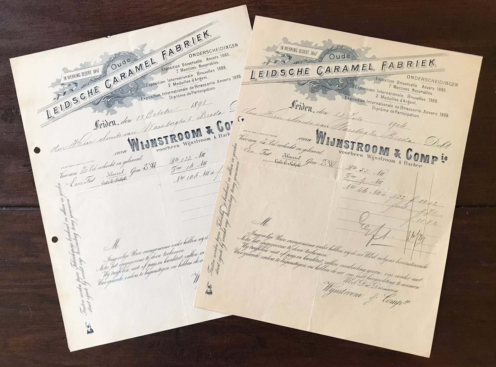 2 Oude LEIDSCHE Rekening  CARAMEL FABRIEK 1898/1906, Ophalen of Verzenden, Gebruikt, Overige typen
