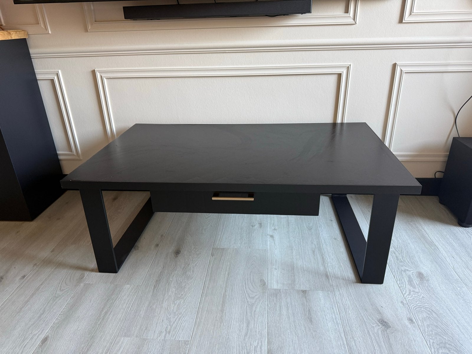 Salontafel massief eiken zwart visgraat met lade, Huis en Inrichting, Tafels | Salontafels, Gebruikt, 50 tot 100 cm, 100 tot 150 cm