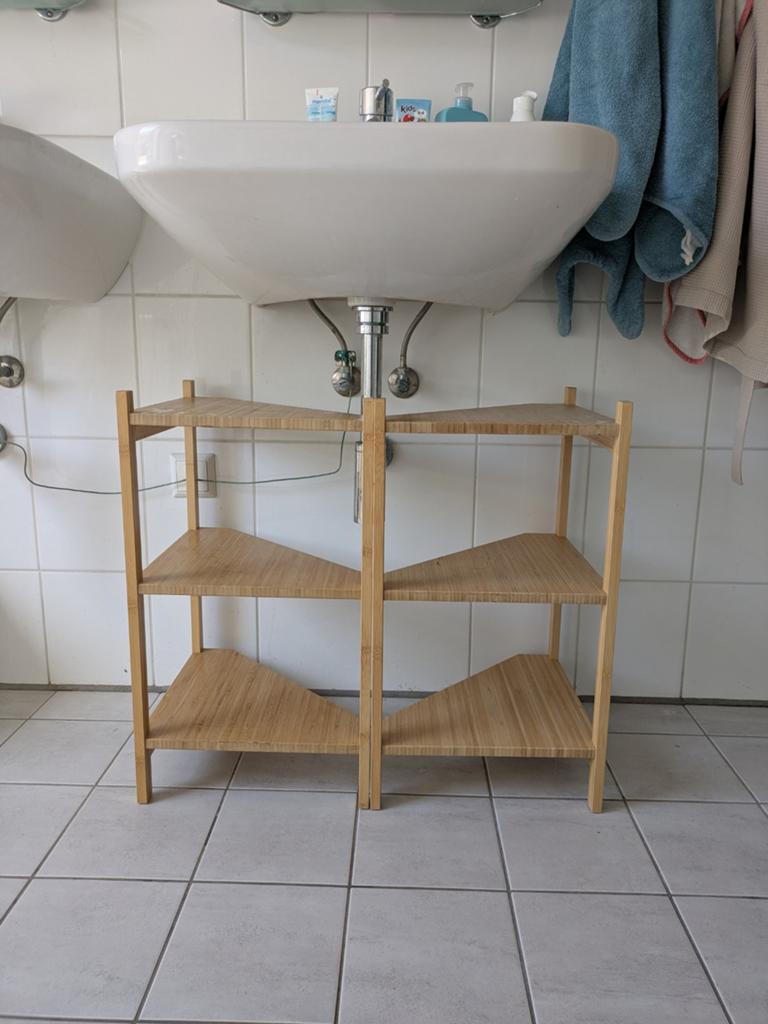 Ikea RÅGRUND 2 bamboe hoekrekjes met 3 planken - 60x34x34 cm, Ophalen of Verzenden, Gebruikt, Bruin, Overige typen