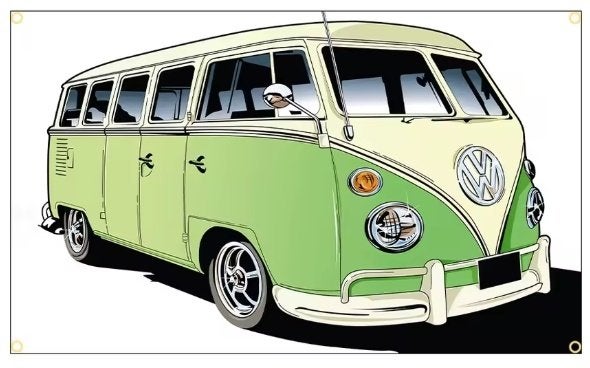 VW BUS BANNER 60X90 RETRO GARAGE MENSROOM BEVESTIGGING OGEN, Auto diversen, Wieldoppen, Ophalen of Verzenden, Nieuw
