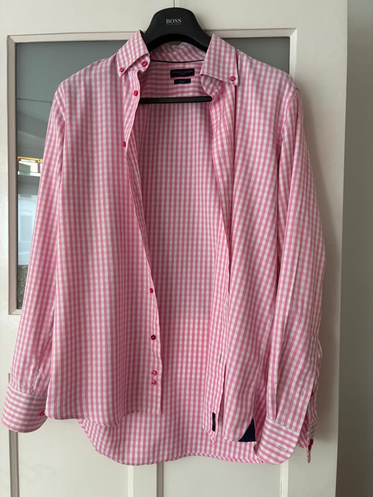 Tommy Hillfiger - lichtroze ruit - fitted overhemd - mt 41/L, Ophalen of Verzenden, Zo goed als nieuw, Roze, Halswijdte 41/42 (L)