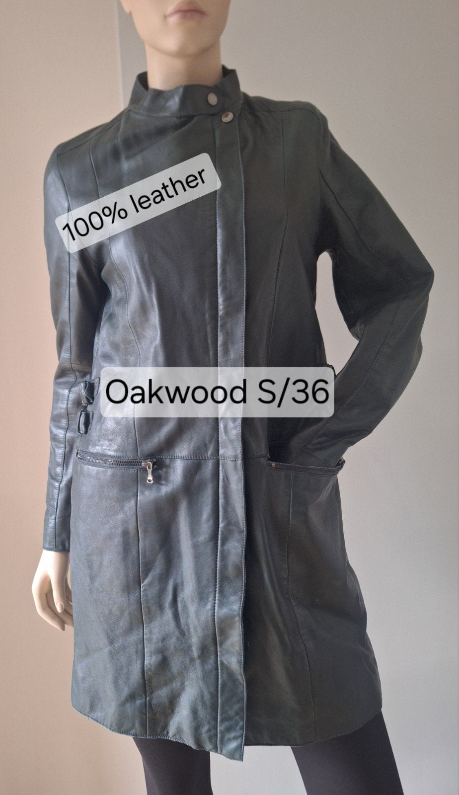 Oakwood 100% leer donkergroene trenchcoat tussenjas S, Ophalen of Verzenden, Zo goed als nieuw, Oakwood, Maat 36 (S)