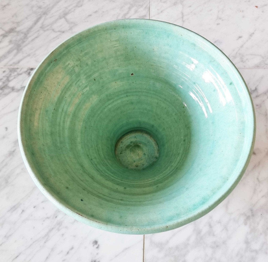 GROOT hoog turquoise schaal ZAALBERG jaren 50 handgedraaid, Ophalen of Verzenden