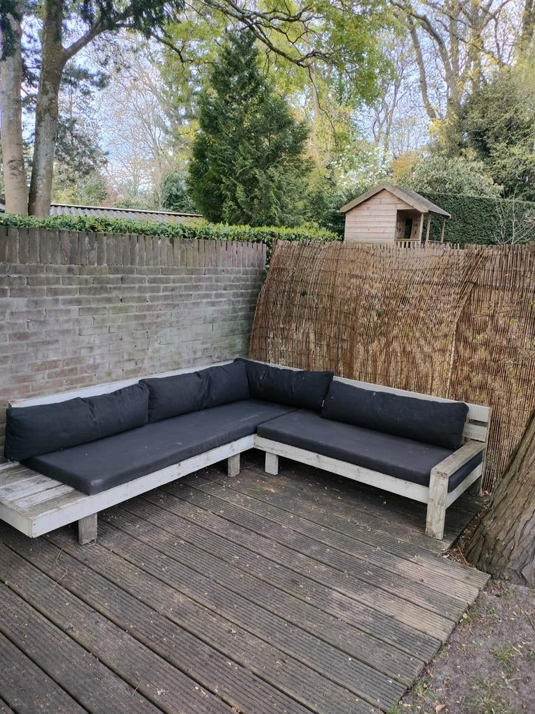 Houten loungeset met kussens, Ophalen, Gebruikt, Meer dan 8 zitplaatsen, Loungeset