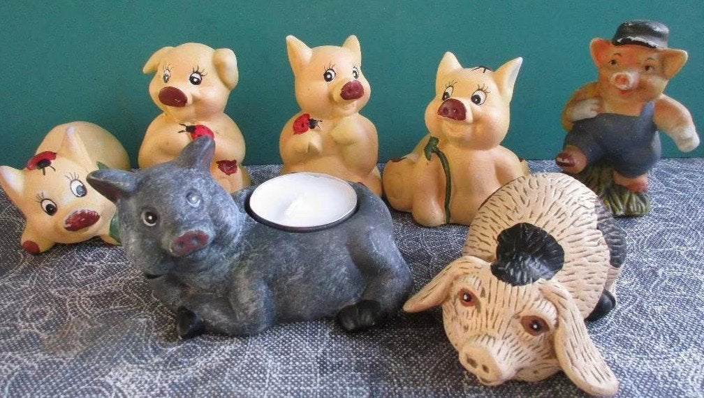 7 leuke vintage beeldjes van een varken., Verzamelen, Beelden en Beeldjes, Zo goed als nieuw, Dier, Ophalen of Verzenden